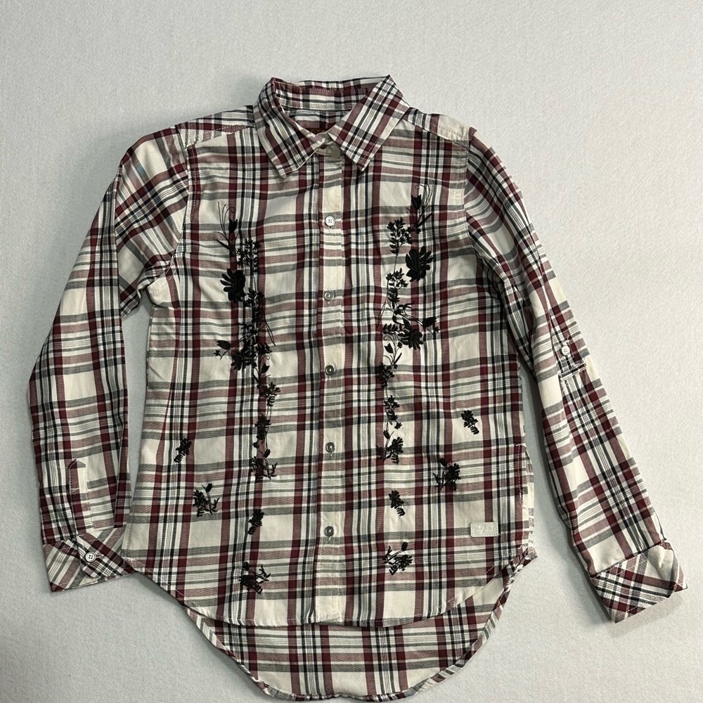 7 For All Mankind Western Plaid Black Floral Embroidered Shirt Size M